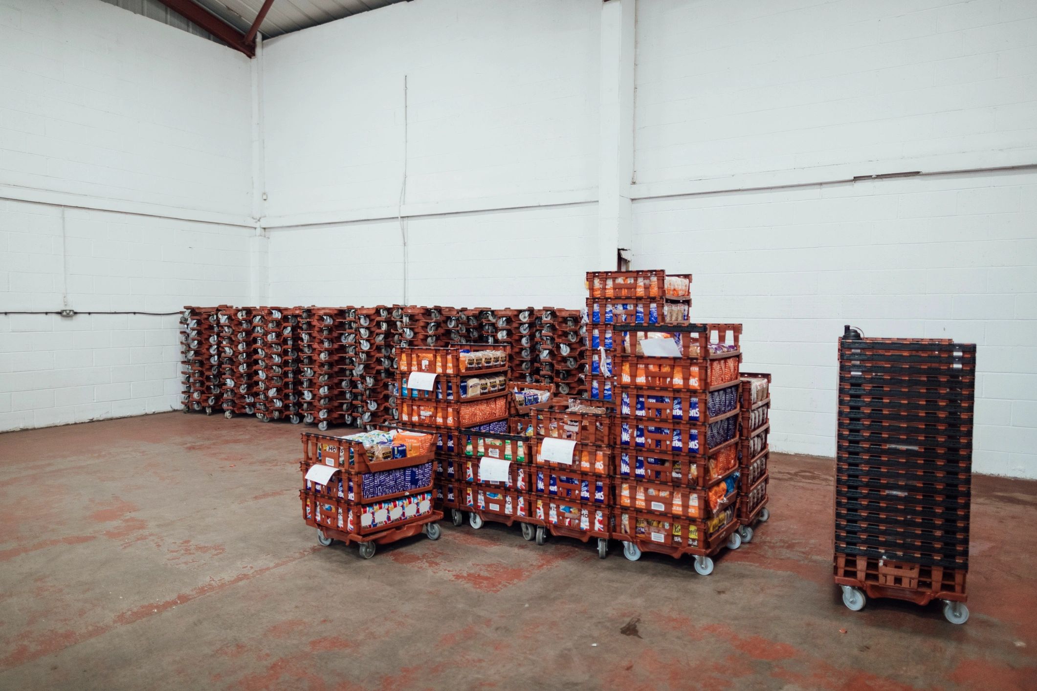 Pallets of packaged food products prepared for distribution